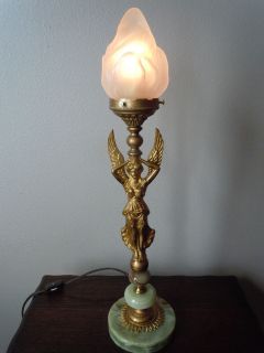 ANTIQUE ART DECO NOUVEAU WOMAN ANGEL TABLE LAMP VINTAGE OLD ONYX FLAME 