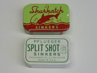 Lot of 2 Vtg Fishing Tin Pflueger Split Shot Sinkers & Shurkatch 