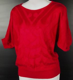 Vtg 80s Women M Knit Top Sweater Red Dolman Short Sleeve Emo Indie 