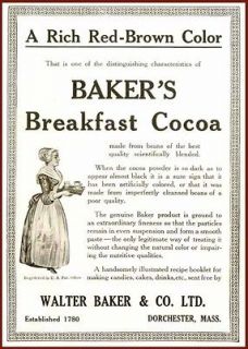 RICH, RED BROWN COLOR! 1910 WALTER BAKERS COCOA AD
