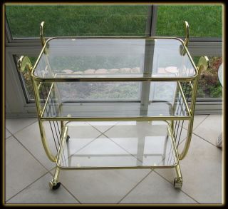 Vintage 70s Mid Century Modern Gold & Glass 3 Tier Bar Cart   NICE