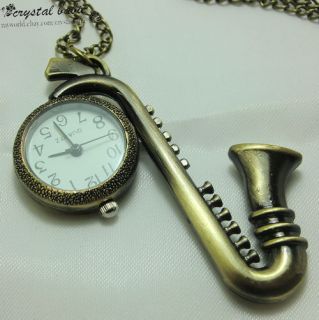 Antique Brass Saxophone shape Quartz Pocket Pendant Watch Necklace 