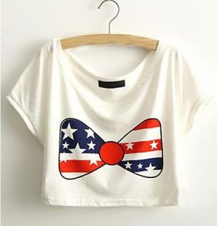 Bowknot Star and Stripe Print Bare Midriff Short Cotton Top Shirt XS # 