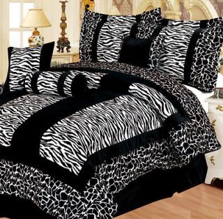 11 Piece King Giraffe/Zebra Black and White Micro Fur Bed in a Bag Set