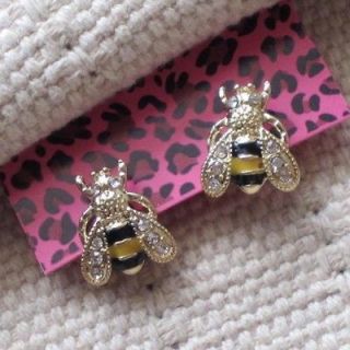   Betsey Johnson Stud Earrings Christmas Gold Tone Rhinestone Enamel Bee