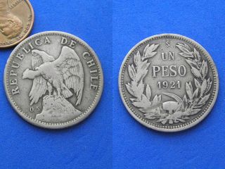Chile Un One Silver Peso. 1921. Defiant Condor. 29 mm