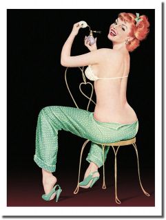   50s Pinup Girl Poster Red Head putting on Perfume On Iron Chair