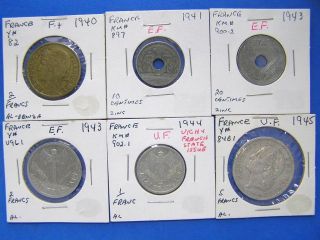 WWII France and Vichy France Lot of 6 Coins.1940 to 1945.10 Centimes 