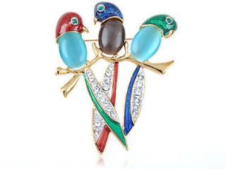  Crystal Elements Perched Trio of Colorful Parakeets Bird Pin Brooch