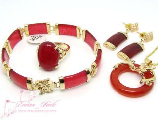 Nice Red jade pendant earrings bracelet Ring Chinese Lucky Set