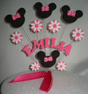 MINNIE MOUSE WIRED CAKE TOPPER PINK FLOWERS BIRTHDAY NAME