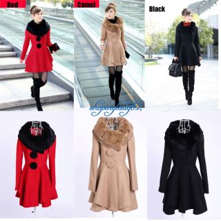 New Women Slim Wool Coat Cashmere Blend With Fur Collar Trench Coat 