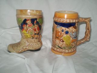 Japanese Oriental Boot Theme Ceramic Beer Mug Lot Of 2 Hand Painted