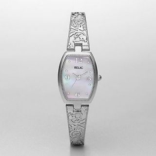   By Fossil Womens Slim Silver Bangle Filligree Pearl Dial Watch ZR33659