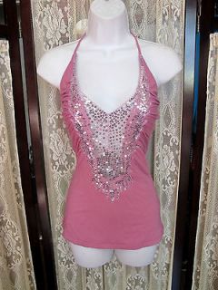 SKY Brand Sz XS Pink Silver Sequin Sheer Ruched Bust Spaghetti Strap 