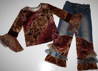 LITTLE MASS BOUTIQUE Cheetah Velour Top & Ruffles Jeans Girls Sz 4 