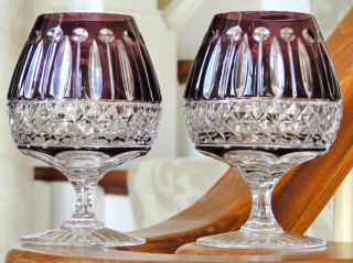   CASED CUT TO CLEAR CRYSTAL BRANDY GLASSES, AMETHYST/PURPL​E, SIGNED