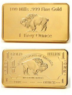   Ounce Bar  Thick 24k 100 Mills Gold Clad American Buffalo  P#3005A