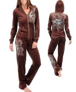 Sexy Brown Velour Tattoo Jogging Suit Roses Hoodie Shirt Pants Comfy 