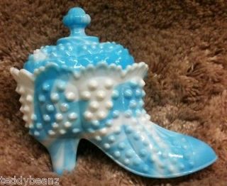 FENTON Blue HOBNAIL Slag Glass HIGH HEEL SHOE Trinket Box~Candy Dish 