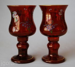  ANTIQUE BOHEMIAN MOSER ENAMELED CRANBERRY GLASS CANDLE HOLDER SCONCES
