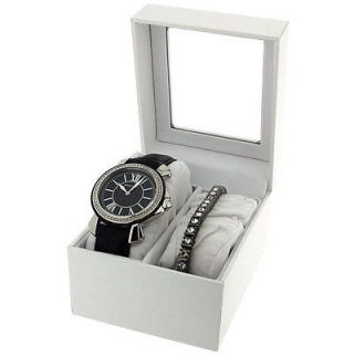 Pierre Cardin Ladies Black Leather Watch & Stone Set Bracelet Gift Set 