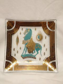 Vintage Fred Press Teal and Gold Trojan Glass Tray