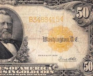 Nice Circ RARE $50 1922 GOLD CERTIFICATE! Scarce FIFTY! FREE SHIPPING!