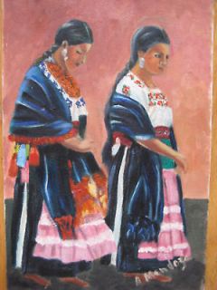 VINTAGE MEXICAN WOMAN OIL PAINTING SIGNED MENDOZA FIGURAL TWINS 