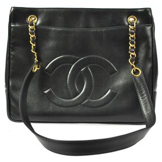 Authentic CHANEL Black Shoulder Bag CC Logo Gold Chain Leather Vintage 