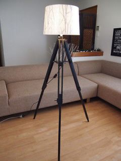 industrial VINTAGE wooden TRIPOD Floor LAMP + SHADE   Modern Retro 