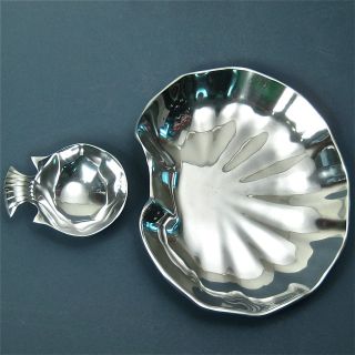   Real Pewter Scallop Shell Chip & Fish Dip Set 2 pc Serving Tray No Tax
