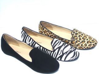 New Womens Faux Suede Loafer Smoking Ballet Flats Leopard,Zebra,Black