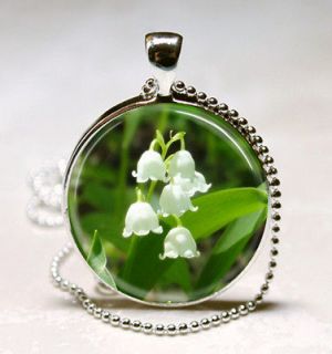 Lily of the Valley Flower Glass Tile Necklace Pendant