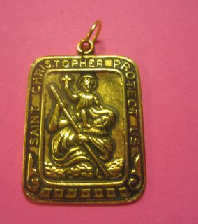   LARGE RELIGIOUS GOLD SQUARE MEDAL ST. CHRISTOPHER CATHOLIC PROTECTION