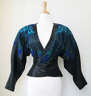 Vintage Jean Claude Jitrois Black Leather Jacket Embroidered Peacock 