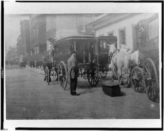 Horse drawn hearses,front of funeral parlor,New York City?,NYC?,1908 