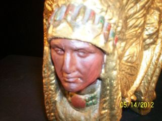   Victorian Plaster Indian Chief Head Bust Pipe Tobacco Humidor Jar