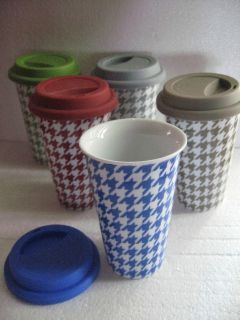 Travel Coffee Mug Cup Ceramic Houndstooth Silicone Lid ECO FRIENDLY 