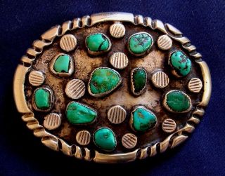 NAVAJO MB, STERLING SILVER, 11 TURQUOISE CABS, MANS VINTAGE BUCKLE