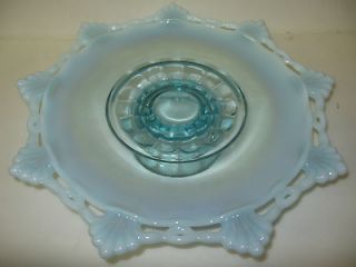 Aqua Blue opalescent glass cake serving Plate Platter tray pedestal 