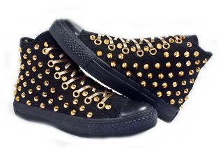 NEW GOLD CONE STUD CONVERSE HIGH WITH CUSTOM DESIGN ALL BLACKS 
