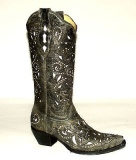 Womens Carrol A1096 Black Crater w/White Inlays & Studs Western Boots
