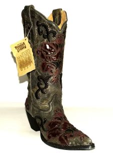 Womens Corral A1101 Studded Black Crater/Wine Inlay Fashion Western 