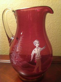 MARY GREGORY CRANBERRY PITCHER W/ CLEAR HANDLE & WALKING BOY, TREES 