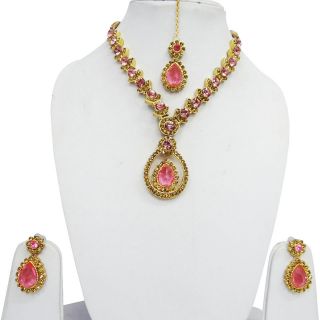 Indian Wedding Gold Pink CZ Necklace Set Traditional Bollywood Bridal 