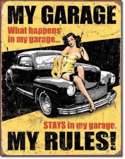 Vintage Retro Tin Sign Sexy Raven Hair Girl My Garage My Rules Car Low 