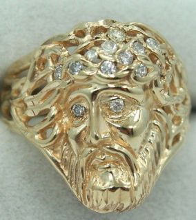 MENS ~ 14K Gold ~ JESUS Ring w/ CZs ~ Dia. Cut & Detailed Ring 