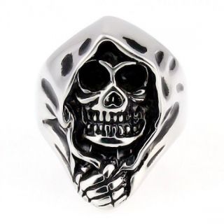 Damien: Mens 316L Stainless Steel Grim Reaper Biker Skull Ring size 11