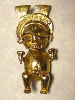 VTG Alva Studios Aztec Pre Columbian Deity Gold Plated Pin Brooch 